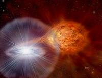 Artist's conception of a star system responsible for a nova. A stream of matter is being drawn from the donor star (right) by the compact white dwarf (left). Credit: David A. Hardy/ astroart.org