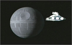 The Death Star from a scene in Star Wars. A pair of locked, luminous stars that will go supernova could emit a pair of gamma rays that could act like Darth Vader's sinister space weapon upon Earth's ozone layer.