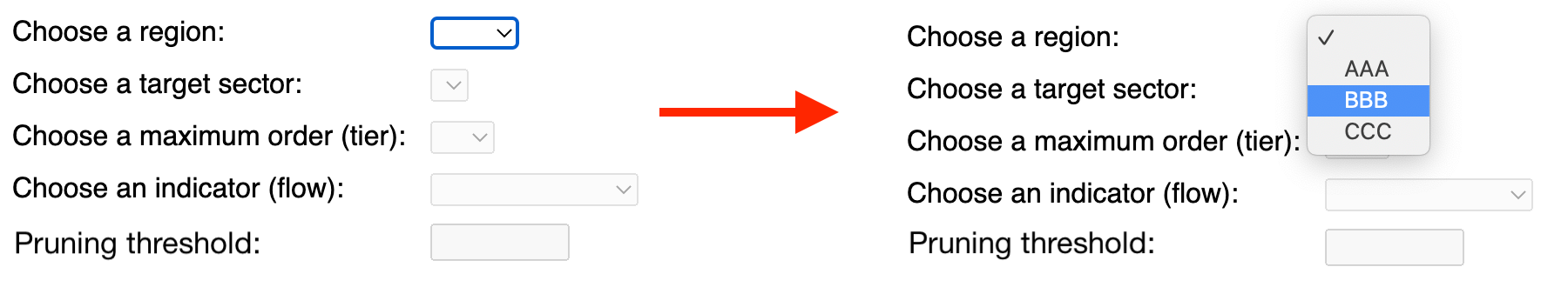selecting a region from menu