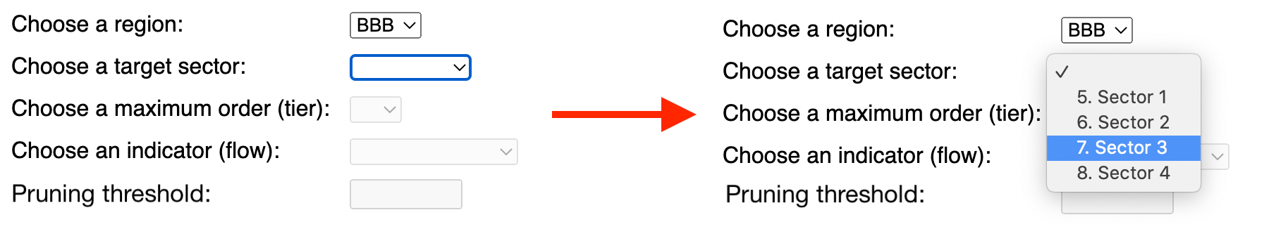 selecting a region from menu