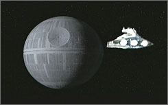 The Death Star from a scene in Star Wars. A pair of locked, luminous stars that will go supernova could emit a pair of gamma rays that could act like Darth Vader's sinister space weapon upon Earth's ozone layer.